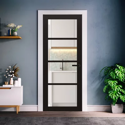 Fortia 4 Lite Shaker Clear Fully Glazed Black Internal Softwood Door, (H)1981mm (W)762mm (T)35mm