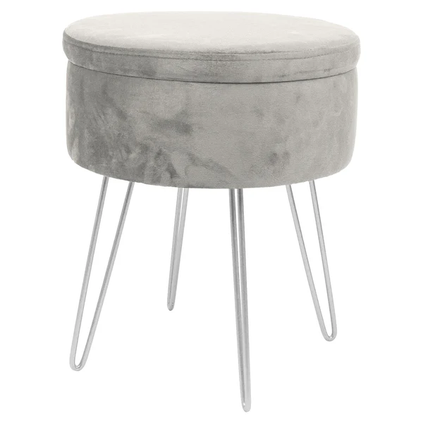 Harbour Housewares Grey Round Velvet Storage Footstool - Silver Legs