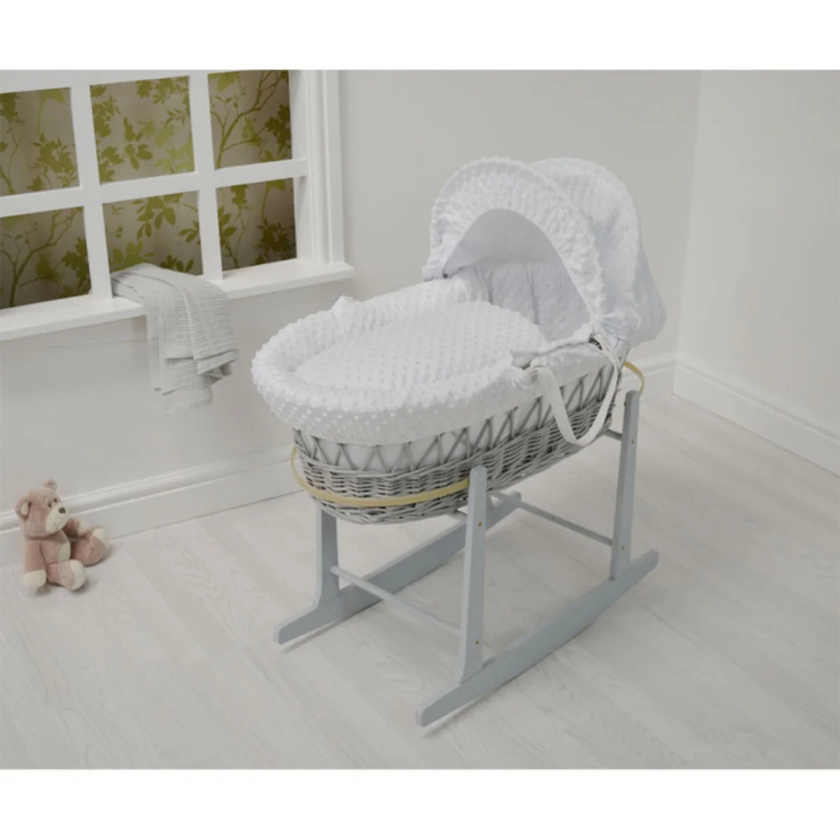 4 Baby Cuddles Collection Grey Wicker Moses Basket with White Dimple Design - Made Exclusively in the UK White / Grey Unisex