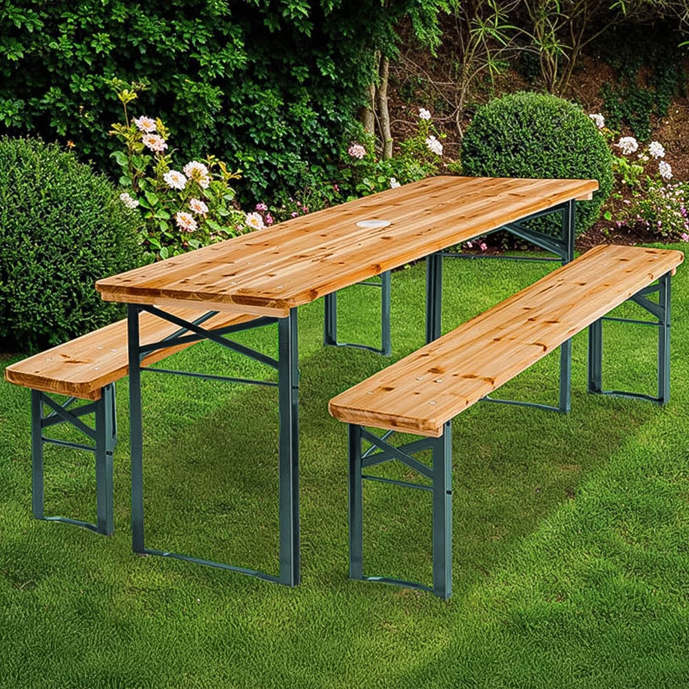 TecTake Picnic Table & Benches Franz Ii - 1 Table & 2 Benches, Foldable, With Backrests - Brown