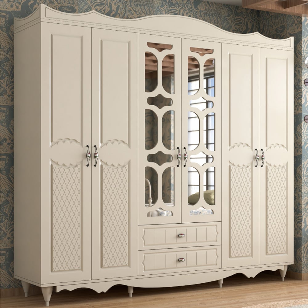 Evuhome Raven 6 Door 2 Drawer Mirrored White Wardrobe - White