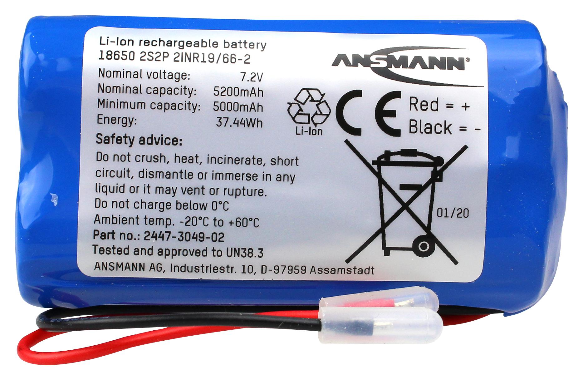ANSMANN 7.2V Lithium-Ion Rechargeable Battery Pack, 5.2Ah - Pack of 1