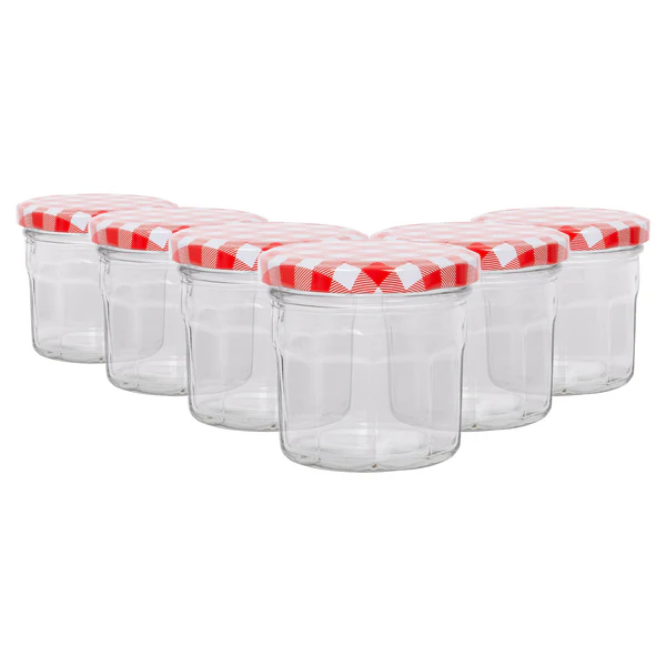 Argon Tableware 130ml Glass Jam Jars with Lids - Pack of 6 - Red Gingham Lid