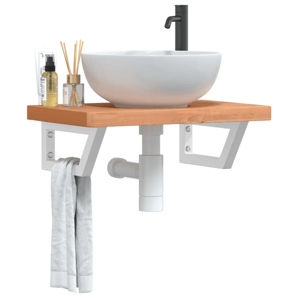 VidaXL Basin Shelf Wall Mounted Bathroom Countertop Steel and Solid Wood Beech