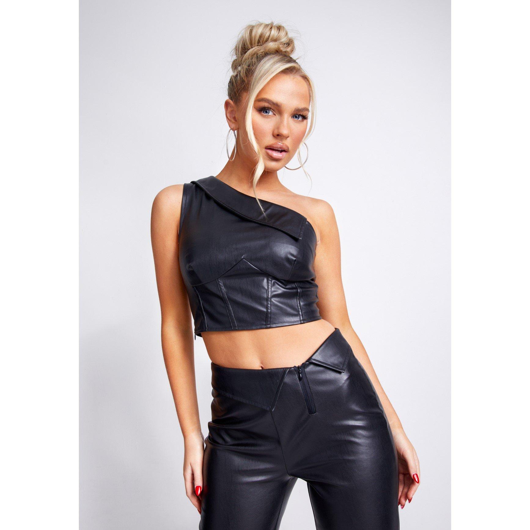 Missy Empire Over Corset Detail Faux Leather Top - Black