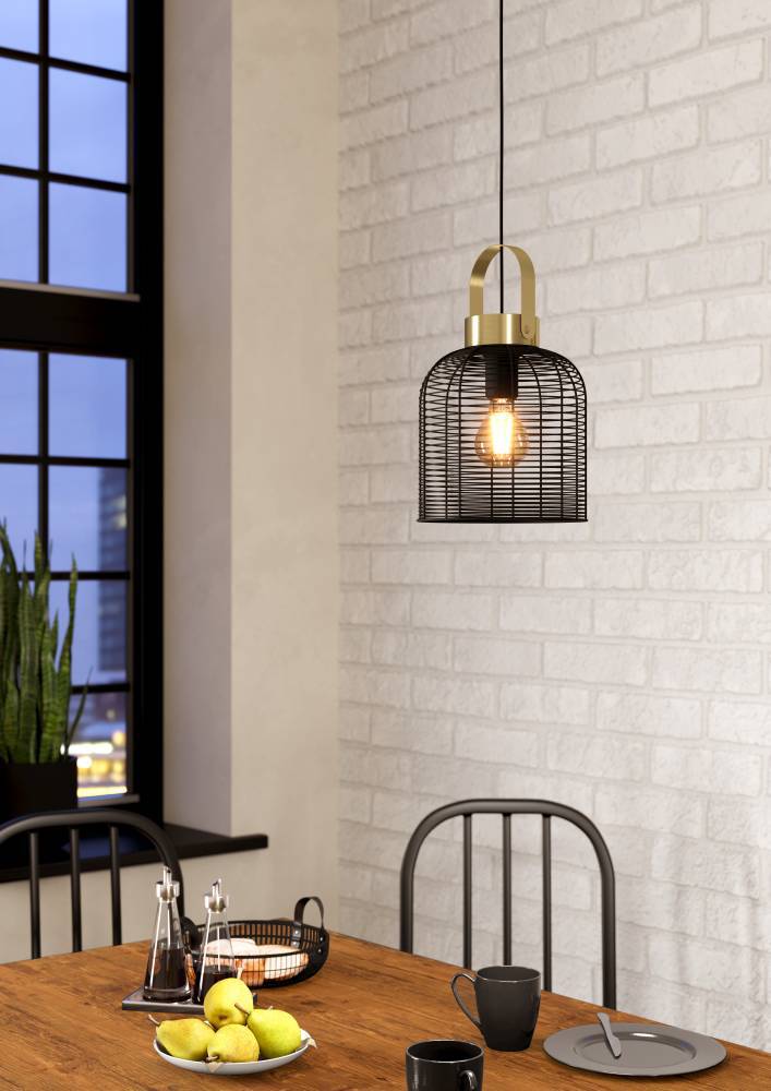 Eglo Roundham 220mm Pendant with Black Wired Lampshade with Brushed Br