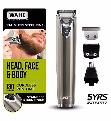 Wahl Stainless Steel 9 in 1 Multigroomer, Beard and Stubble Trimmer for Men, Home Hair Cutting, Nose Ear Trimmers, Male Grooming Set, Washable Heads,