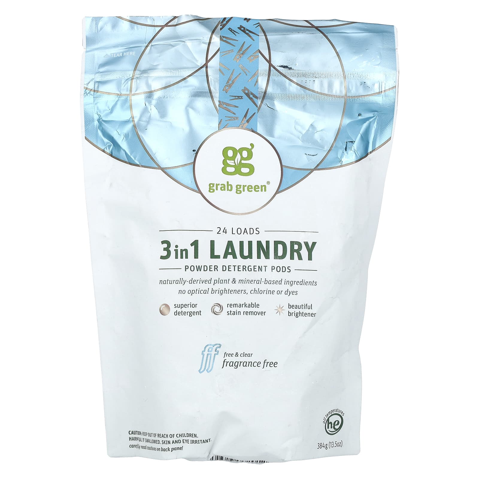 Grab Green 3-In-1 Powder Laundry Detergent Pods, Fragrance Free, 24 Uses, 384G(13.5Oz)