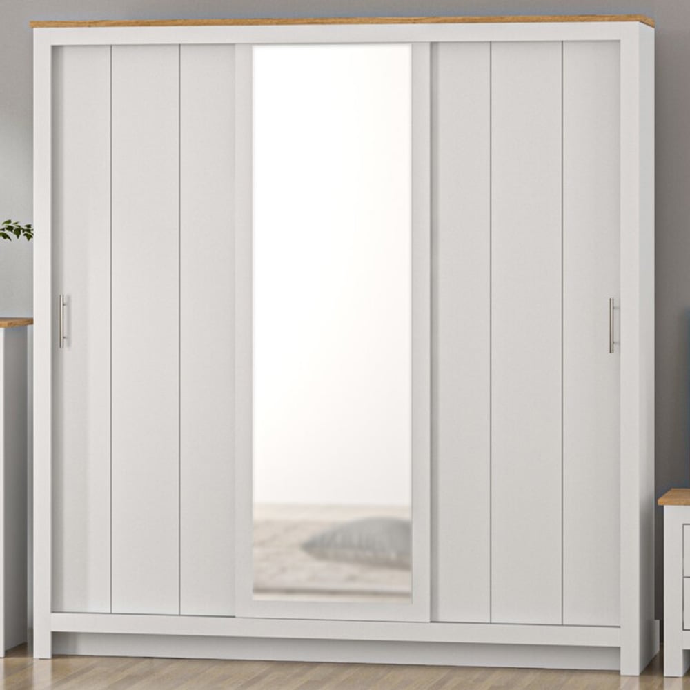 Lexington 3 Door Sliding Wardrobe with Mirror - Oak Veneer Sliding Door Wardrobe - White - Height: 181cm x Width: 173cm x Depth: 57.3cm