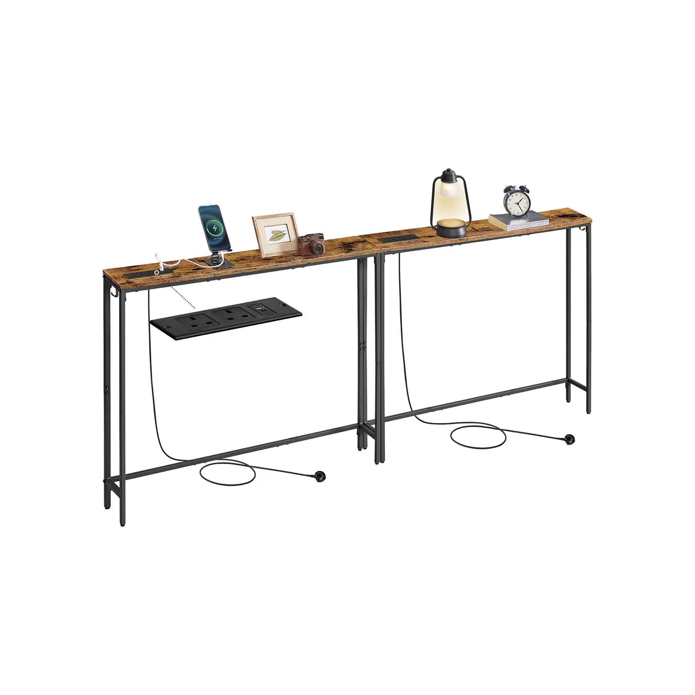 VASAGLE Slim Console Tables with Charging Station, Rustic Brown + Ink Black / 2