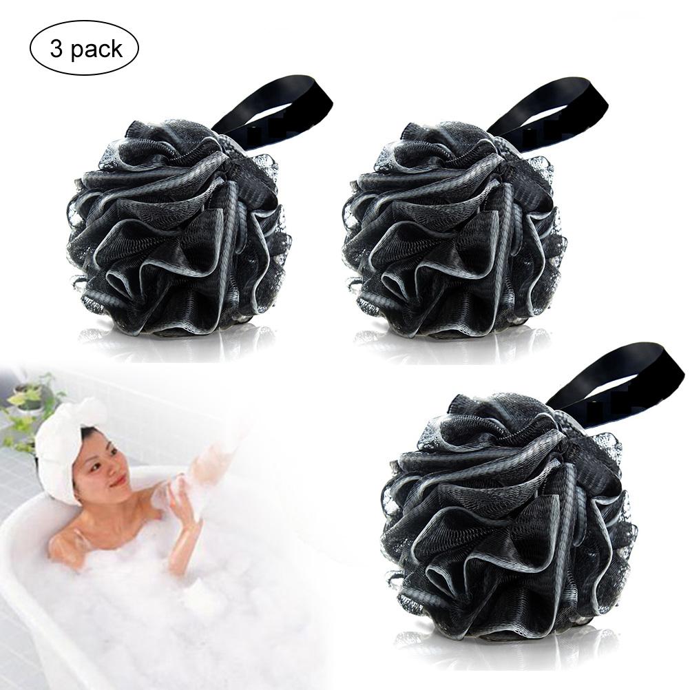 GoolRC 3Pcs Bath Shower Sponge Exfoliating Pouf Loofahs Shower Scrub Mesh Body Brush Ball for Women Men black