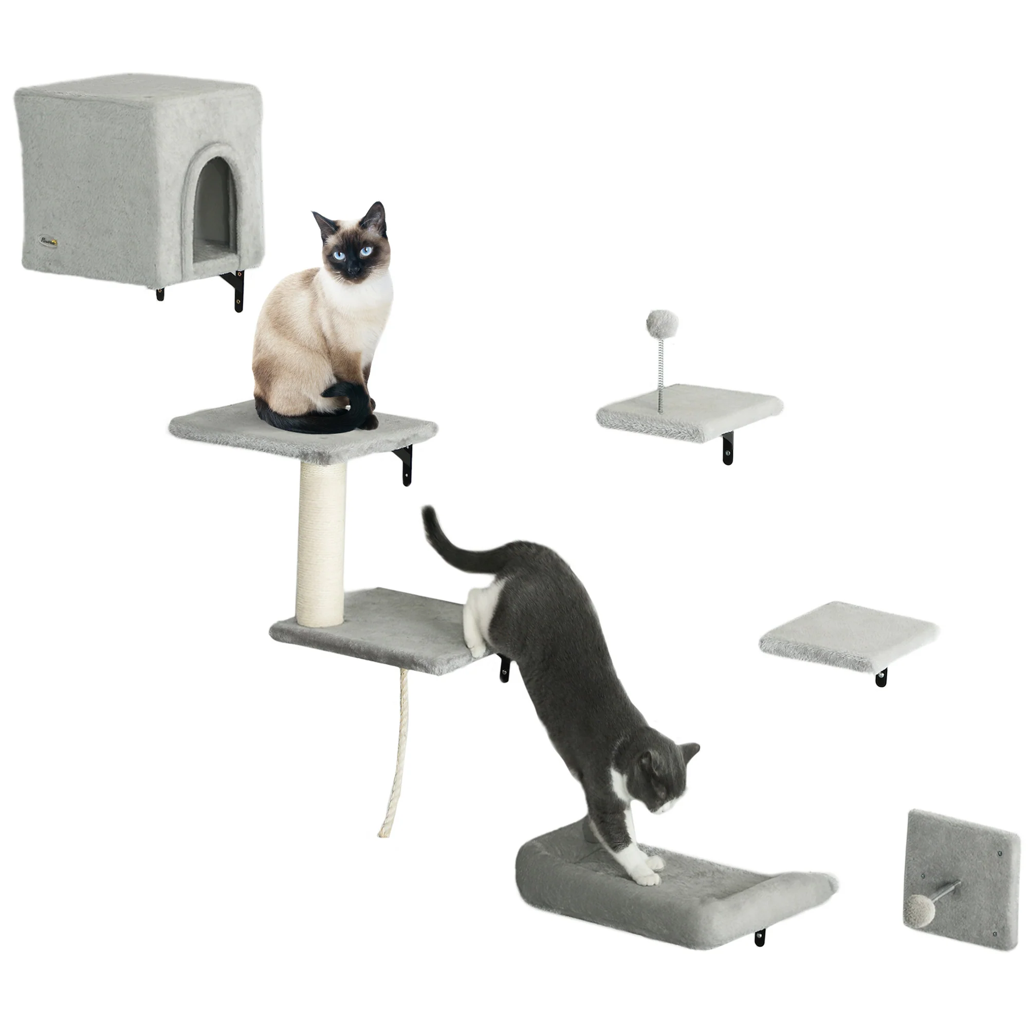 PawHut 6-Piece Cat Wall Shelves Set, Cat Wall Furniture with Condo, Grey, Grey