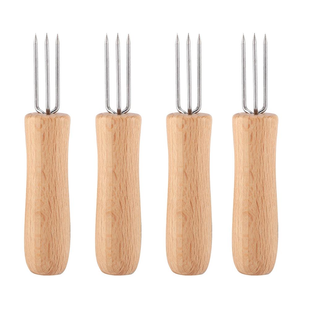 Automobile And Motorcycle Supplies 4Pcs Wooden Handle Stainless Steel BBQ Meat Fruit Forks Barbecue Corn Holder