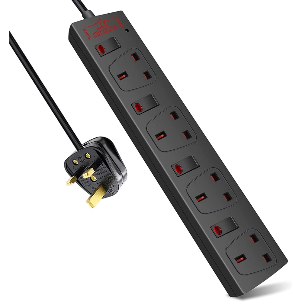 Extrastar UK ExtraStar Extension Lead Surge Protection 4 Way Outlets, 13A Power Strip Wall Mounted with Individual Switches, 2M, Black