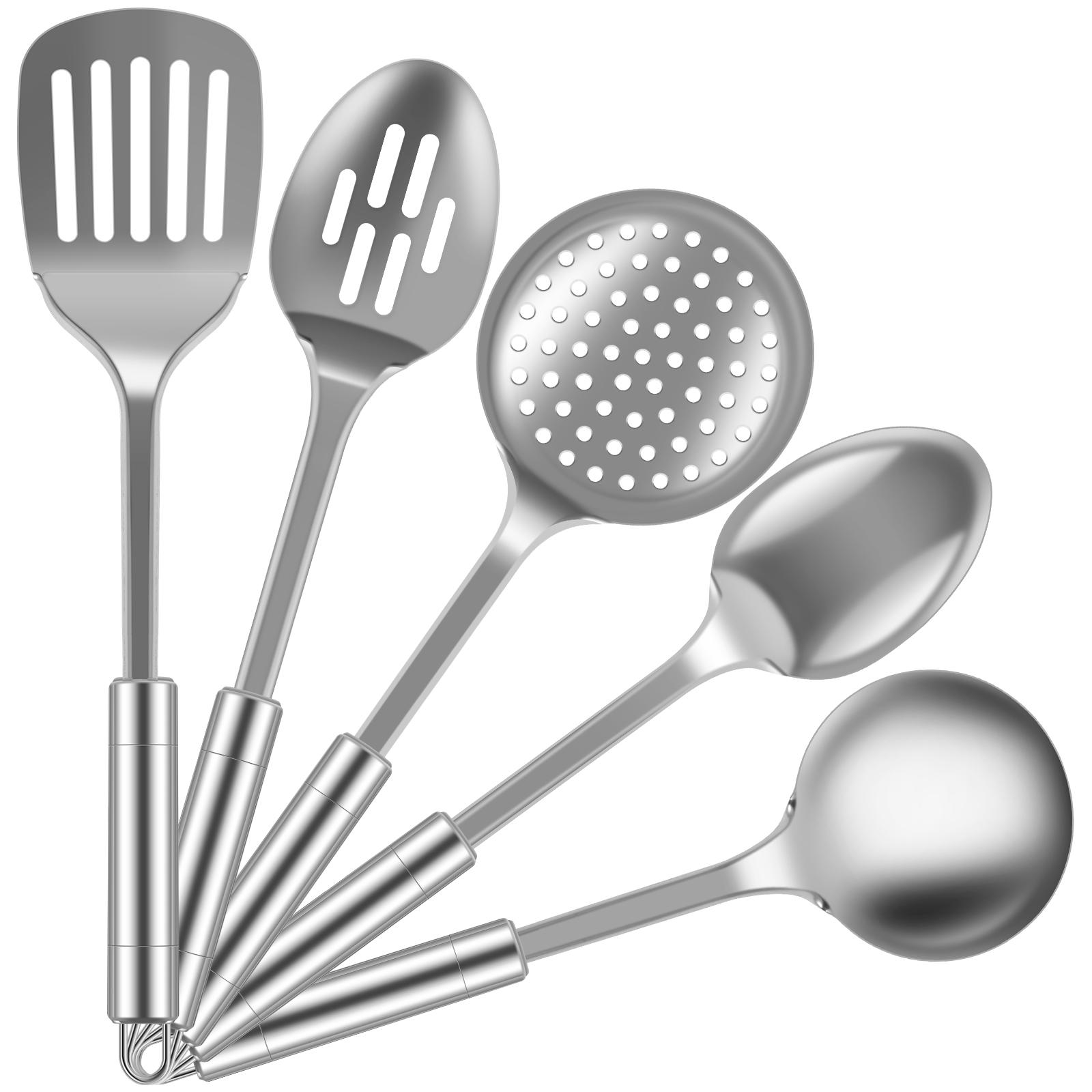 Binchi Lighting Appliances 5Pcs Stainless Steel Kitchenware Cooking Utensils Set Kitchen Non-Stick Cooking Utensils Baking Tools With Spoons Spatula Tools silver