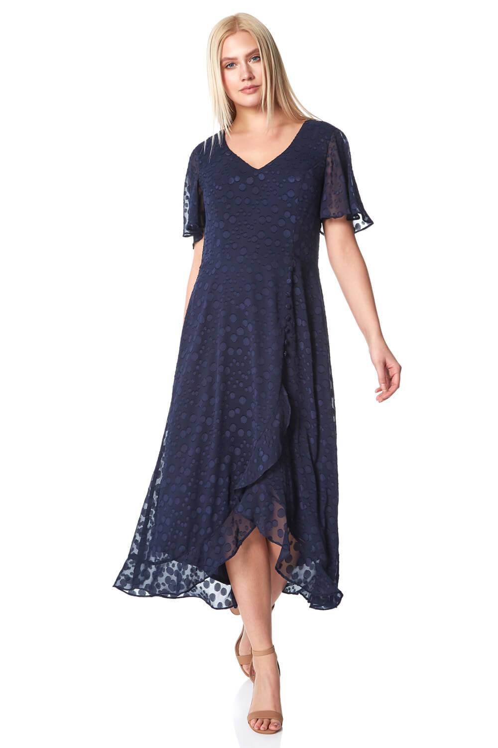 Roman Originals Roman Women's Spot Frill Asymmetric Midi Dress|Size: 10|navy