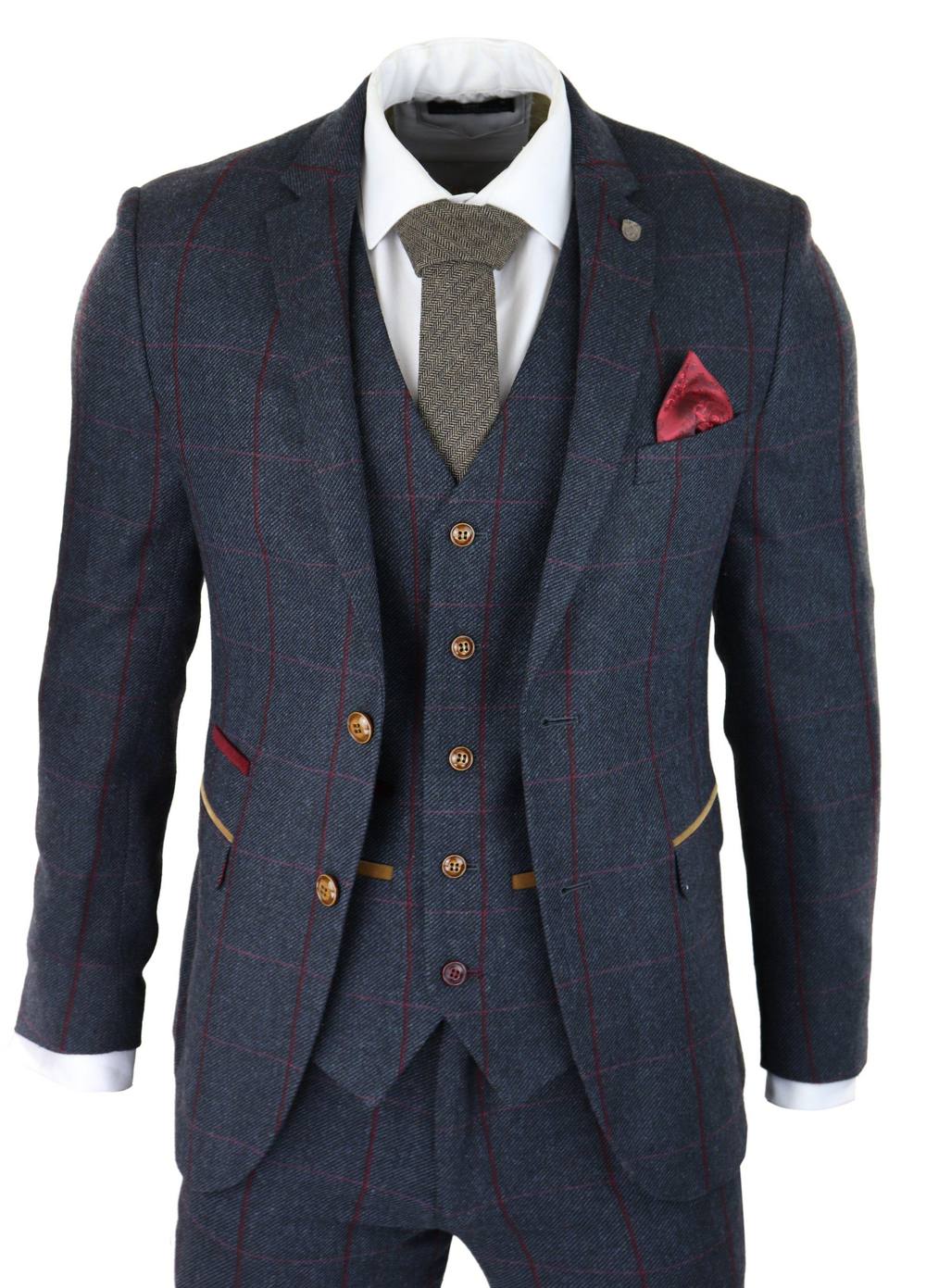 Paul Andrew Men Madrid Herringbone Tweed 3 Piece Navy Suit | Size: 34R