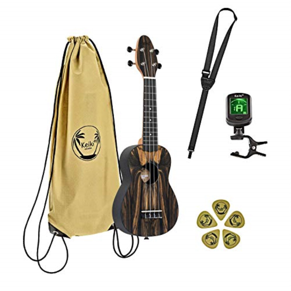 Keiki Exotic Wood Series Soprano Ukulele Pack - Icludes: Tuner Picks