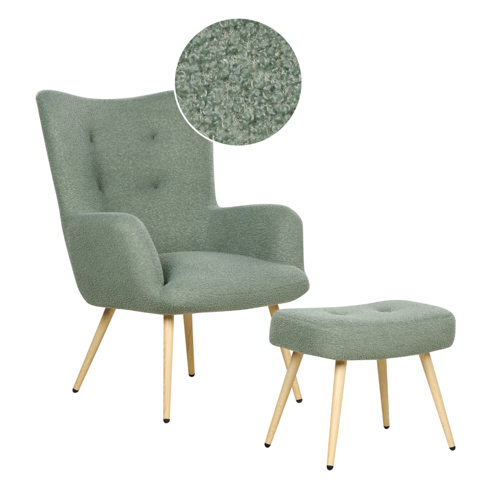Beliani Wingback Chair Vejle With Footstool Boucle Light Green
