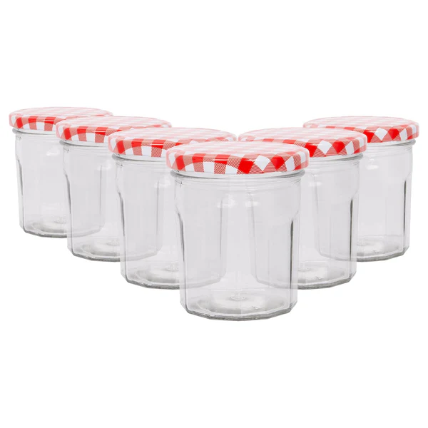 Argon Tableware 250ml Glass Jam Jars with Lids - Pack of 6 - Red Gingham Lid
