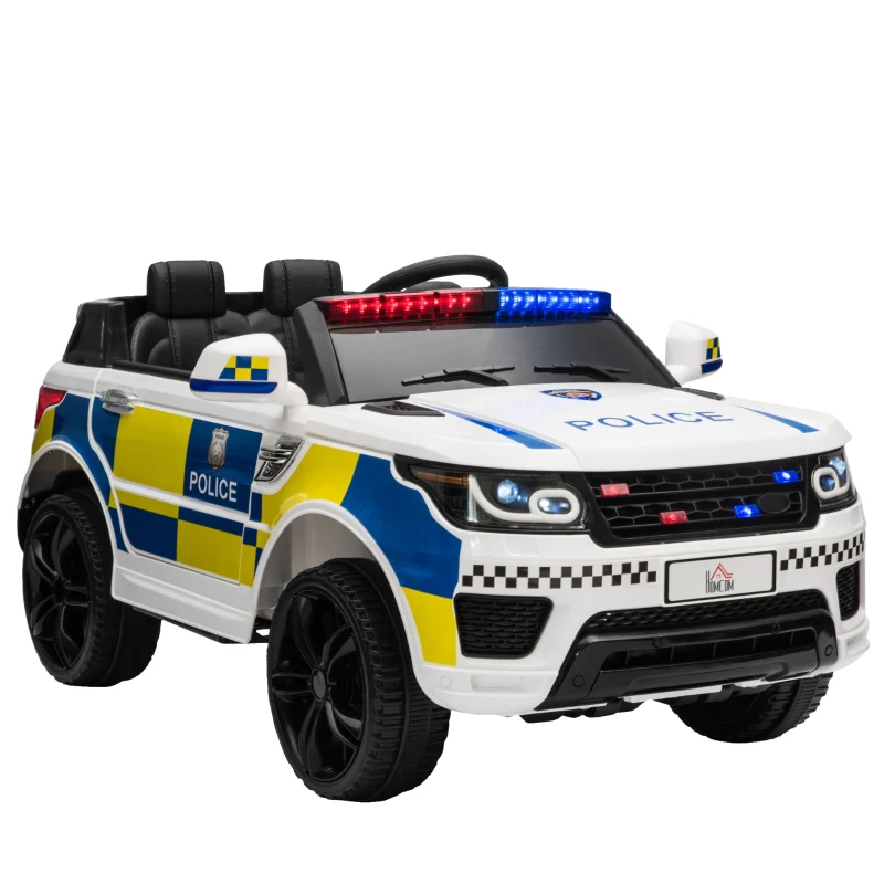 Homcom 12V Kids Portable Electric Ride On Police Car with Parental Remote Control Siren Flashing Lights USB Bluetooth for 3-6 Years White