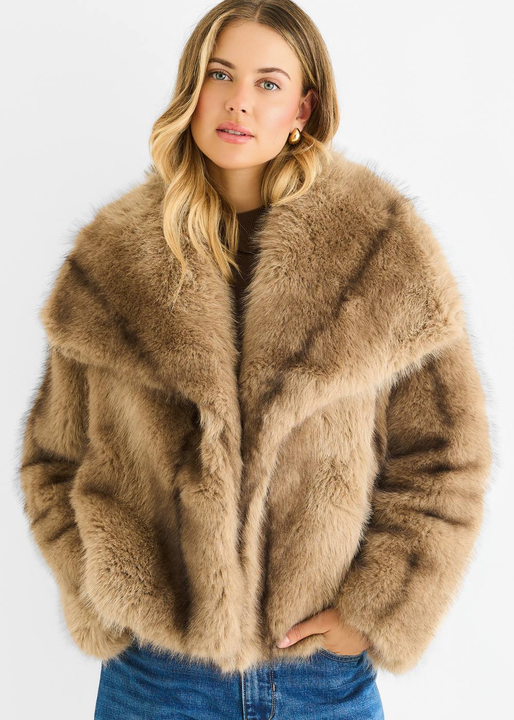 Gini London Women's Camel Ombre Lapel Faux Fur Jacket - Brown - Size: 10/12