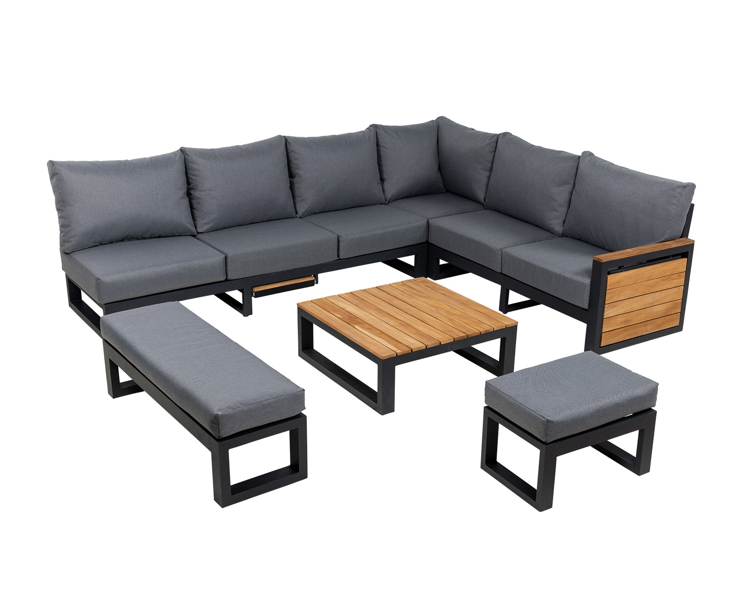 Rattan Direct Sequoyah Aluminium & Teak Corner Sofa Set with Built-in Right-H& Recliner - Rattan Direct