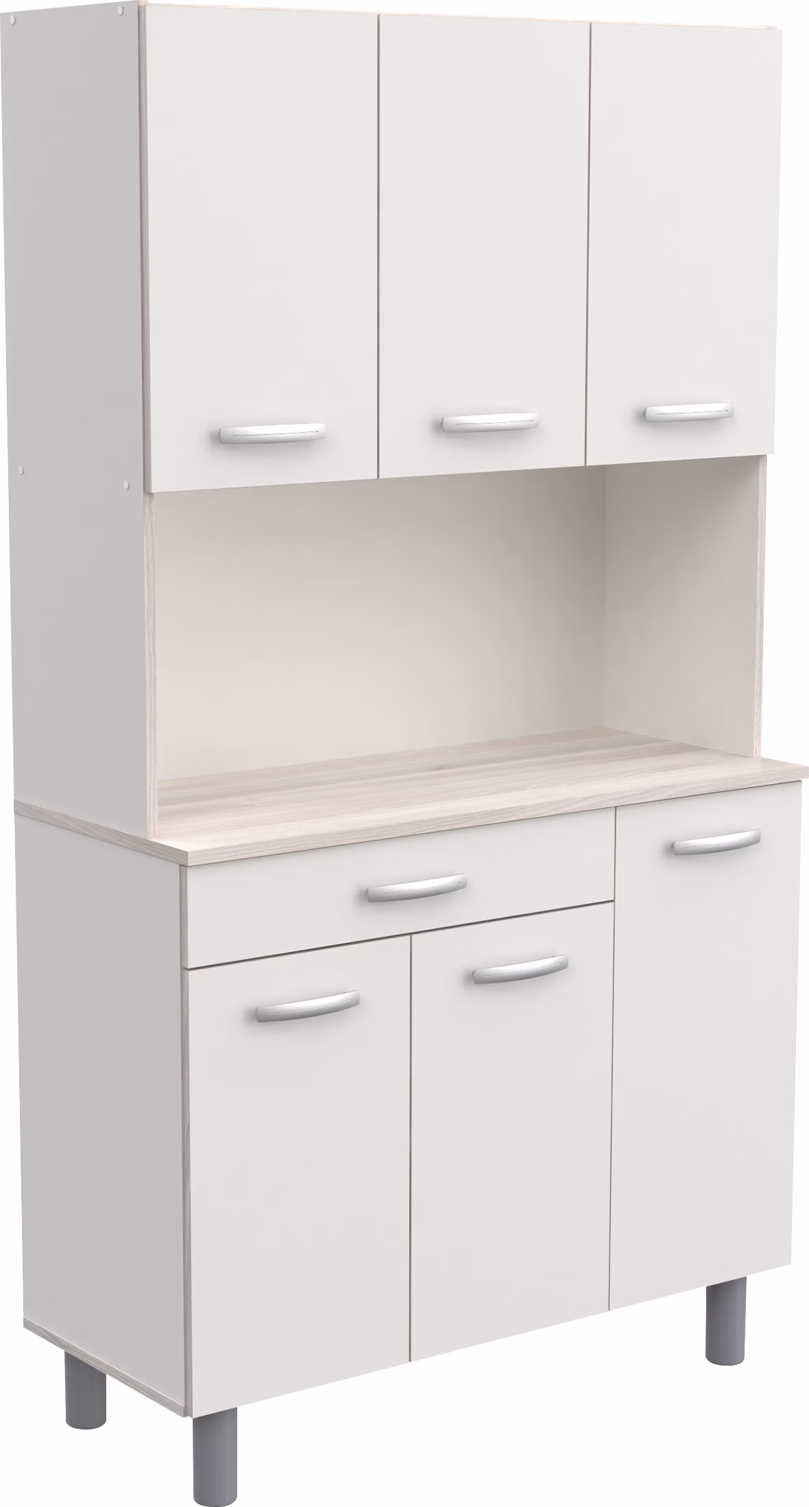 Demeyere Furnicomp Hunter Tall Kitchen Pantry Cupboard With Microwave Shelf - Matt White & Acacia Oak