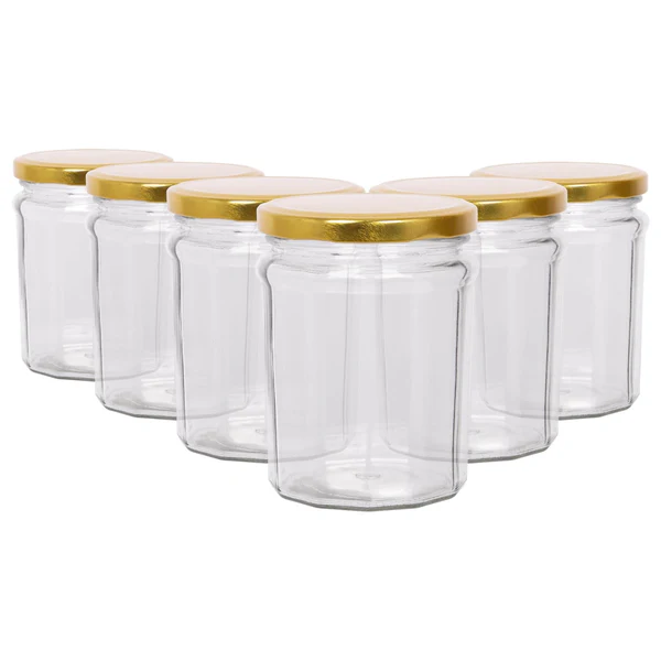 Argon Tableware 380ml Glass Jam Jars with Lids - Pack of 6 - Gold Lid