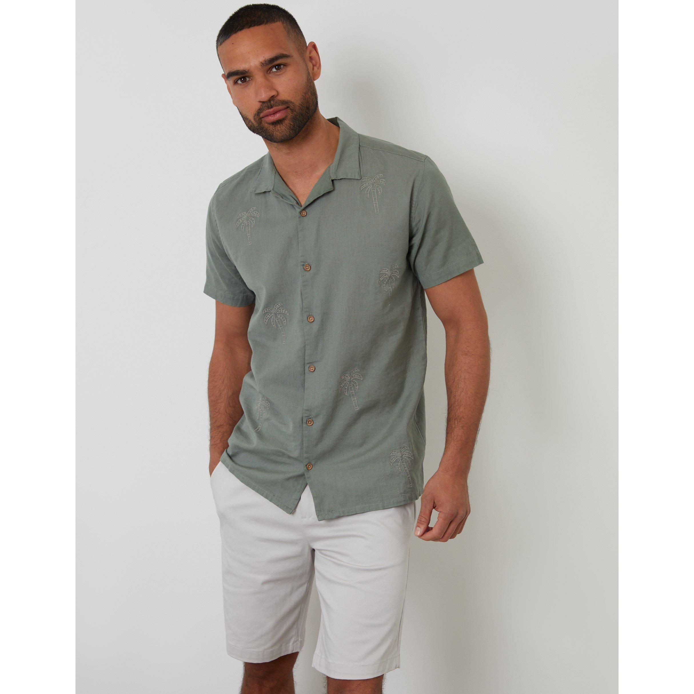 Threadbare Linen Blend Palm Embroidered Short Sleeve Shirt - Green