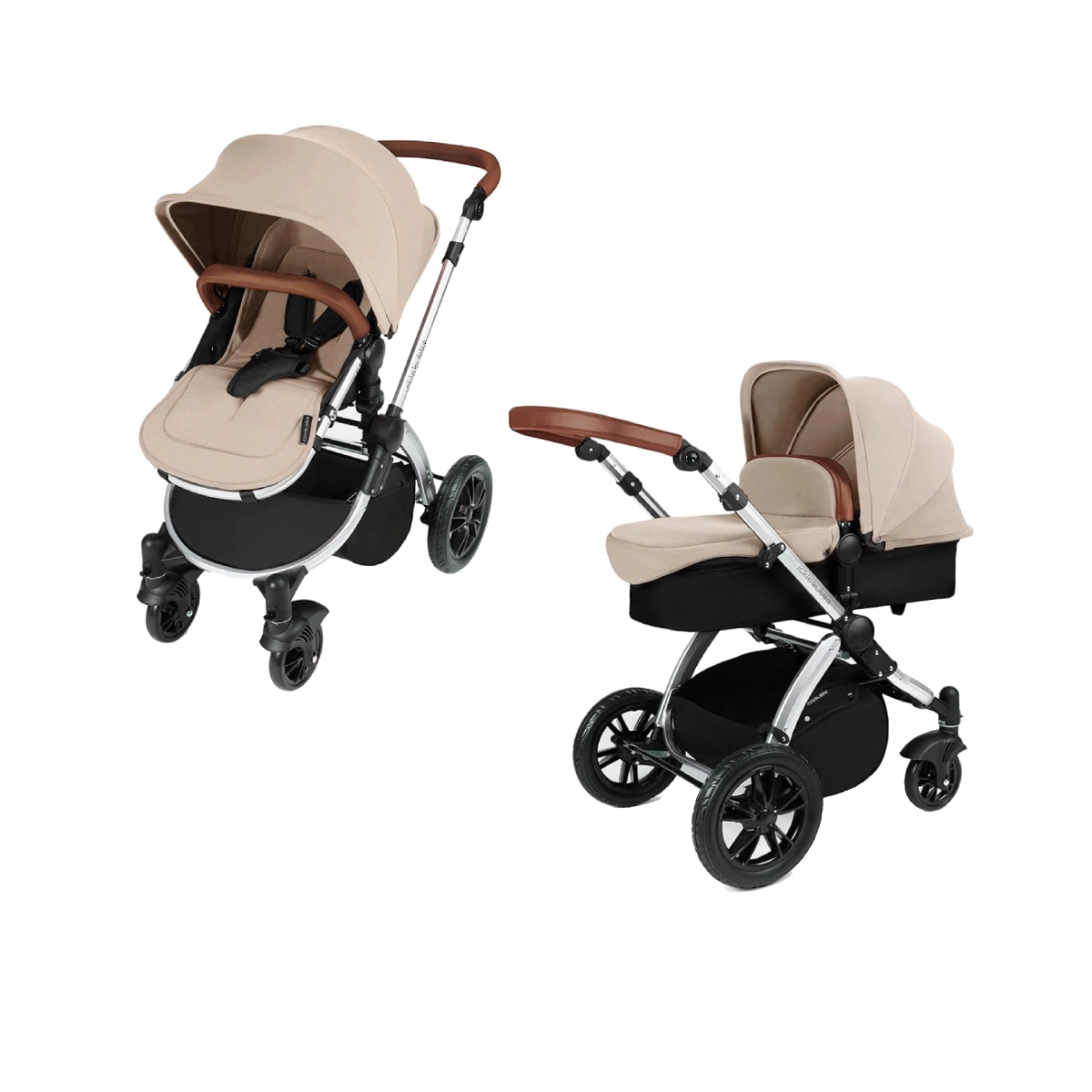 Ickle Bubba Stomp V3 2 in 1 Carrycot & Pushchair, Bundle includes Carrycot, Pushchair, Accessories, Sand on Silver Chassis
