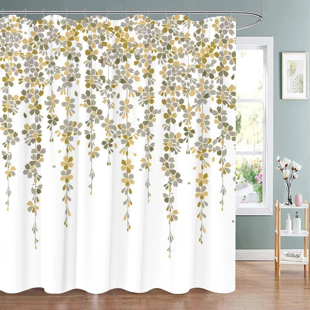 TEXTILIEN Green Eucalyptus Shower Curtain Watercolor Teal Plant Leaf Bathroom Shower Curtains Botanical Flower Floral Bathroom Decoration 90x180cm-35x70in