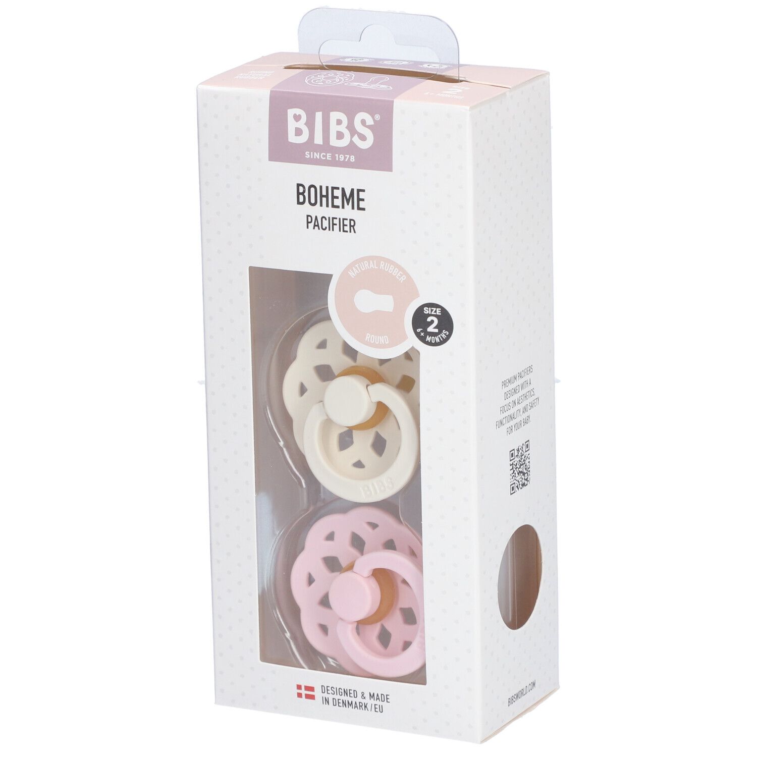 BIBS Boheme Natural Rubber Size 2: 6+ months dummy Ivory / Blossom 2 pc