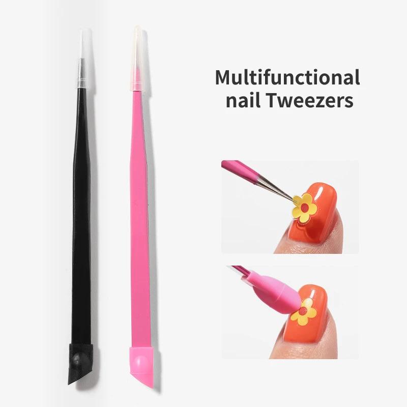 Double Sided Nail Tweezers Silicone Pressing Head Nail Tweezers Sticker Picker Nails Tools Manicure Nail Art Tools Accessories black