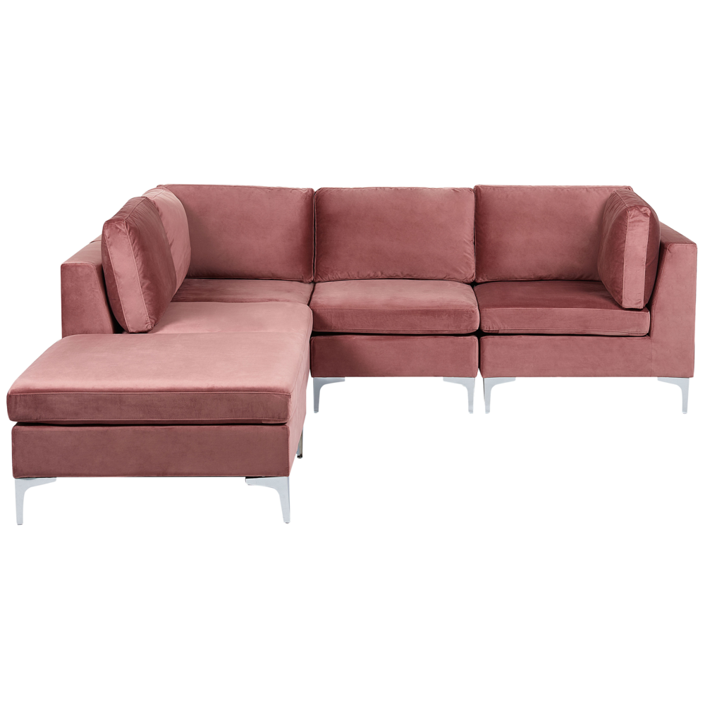 Beliani Right Hand 4 Seater Modular Velvet Corner Sofa With Ottoman Pink Evja