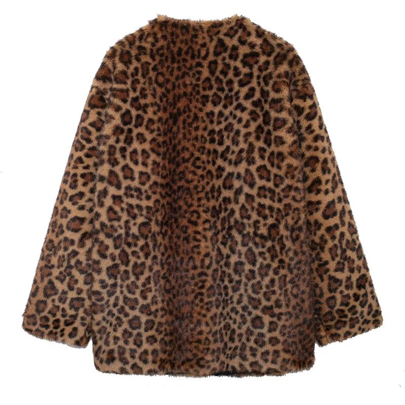 WEFT Womens Coats Winter Leopard Faux Fur Coat Warm Vintage Autumn Plush Jacket Outerwear Long Sleeve Furry Coats Woman L