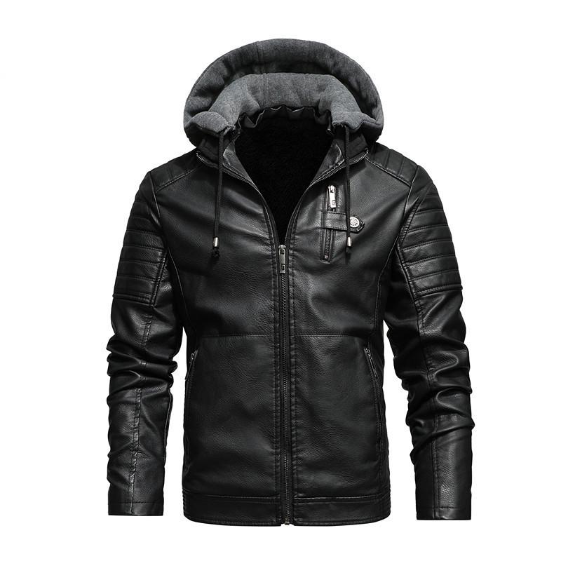 CHIC STUDIO Autumn and Winter Leather Jackets for Men, Young Men's Leather Jackets, Velvet Hooded Casual Solid Color Jackets 5XL