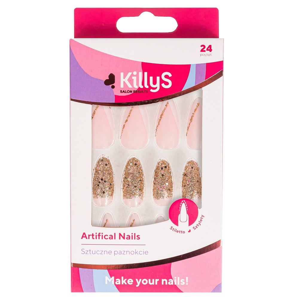 MANADA - Beauty KillyS Stiletto Artificial Nails - 24 pcs Golden Glitter French Style