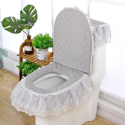 Super Six Household Toilet Seat Cushion Three Piece Set Lace Fabric Toilet Mat European style flowers Flush Toilet Seat Cover