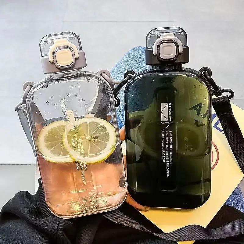 Mtma Flat Square Transparent Water Bottle Portable Travel Canteen with Adjustable Strap Elegant Slim Bottle for Sport Camping