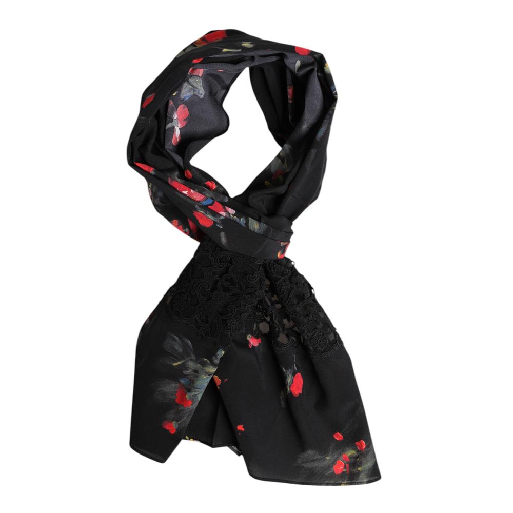 DOLCE & GABBANA Floral Lace Silk Blend Scarf - Black Scarves