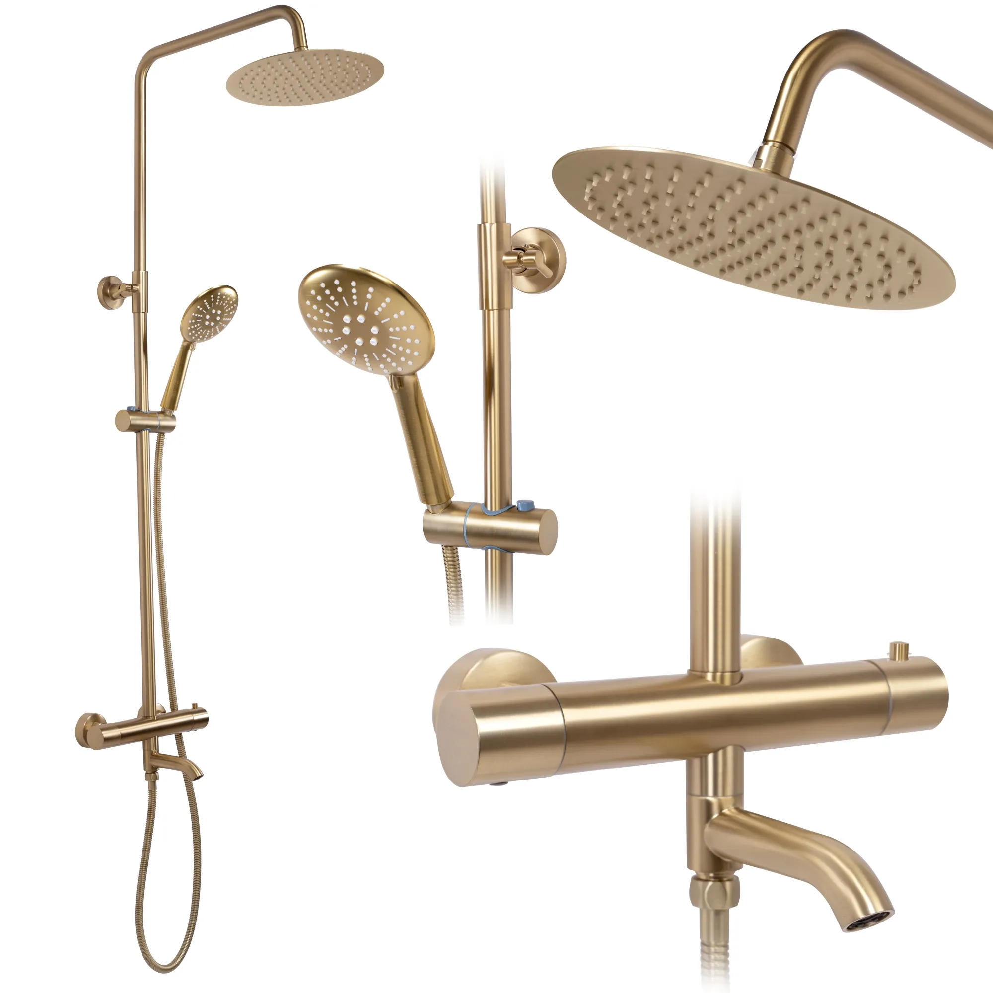 Rea Shower Sets With Spout Rea Lungo Thermostat Brush Gold, Brass