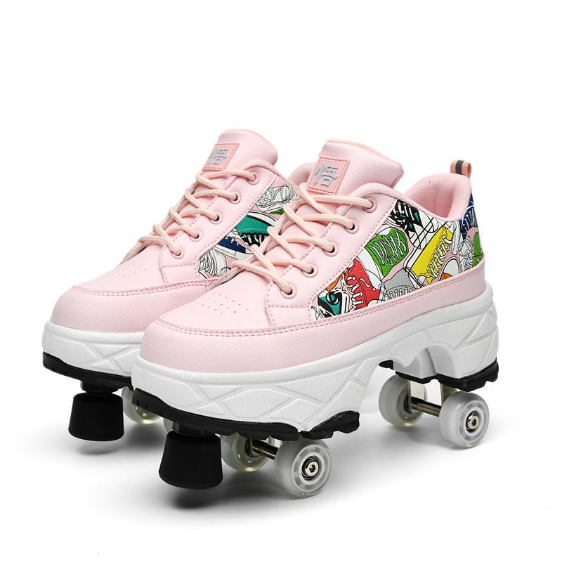 Angel Ting Dual-purpose Skating Roller Skates Deformed Shoes Double-row Runaway Roller Skates White Low-top Speed Skating Four-wheel Luminous Wheels Shoes 39