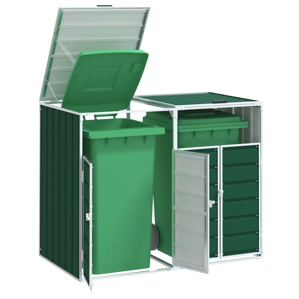 VidaXL Wheelie Bin Storage for Double Bins Garden Trash Cover Green Steel