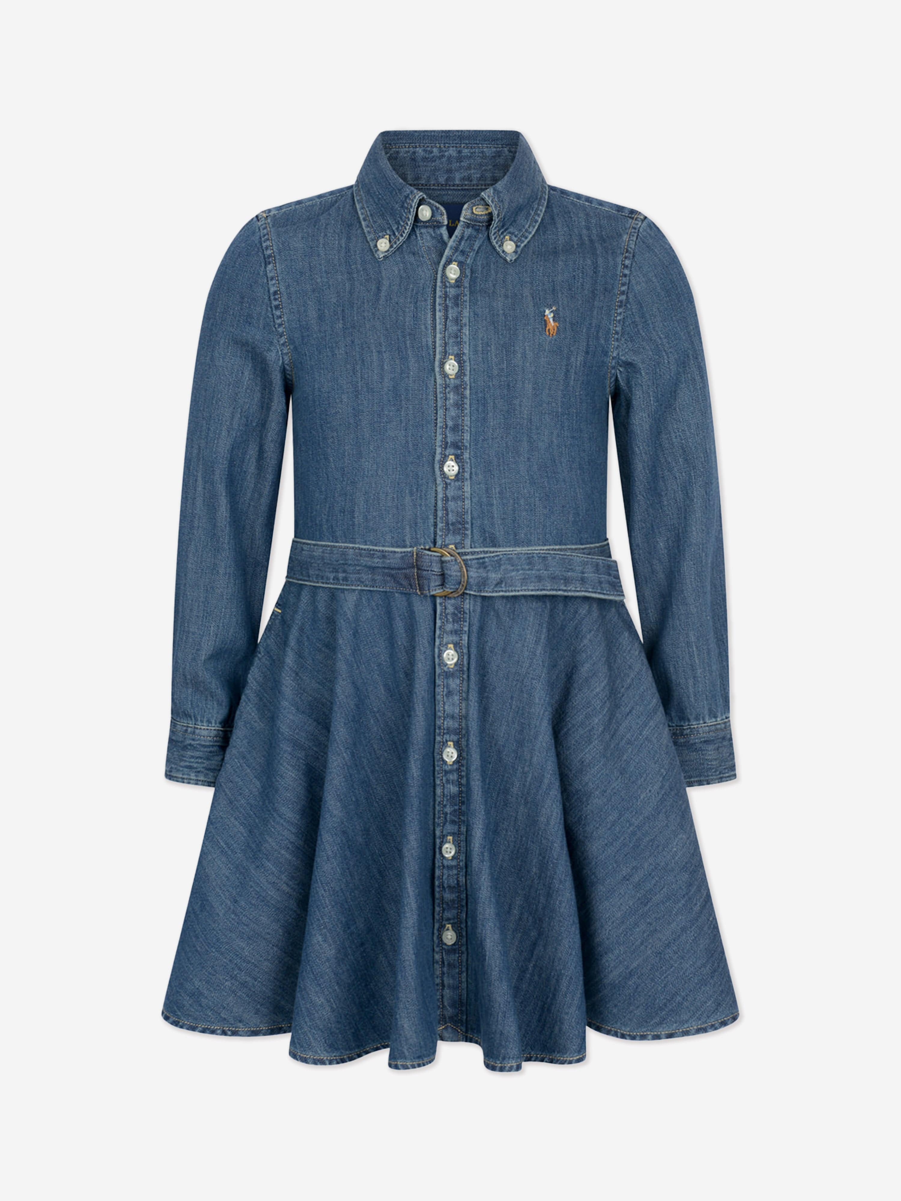 Ralph Lauren Girls Classic Belted Denim Shirt Dress - Indigo, Indigo, Size 12 Years, Women|12 YEARS