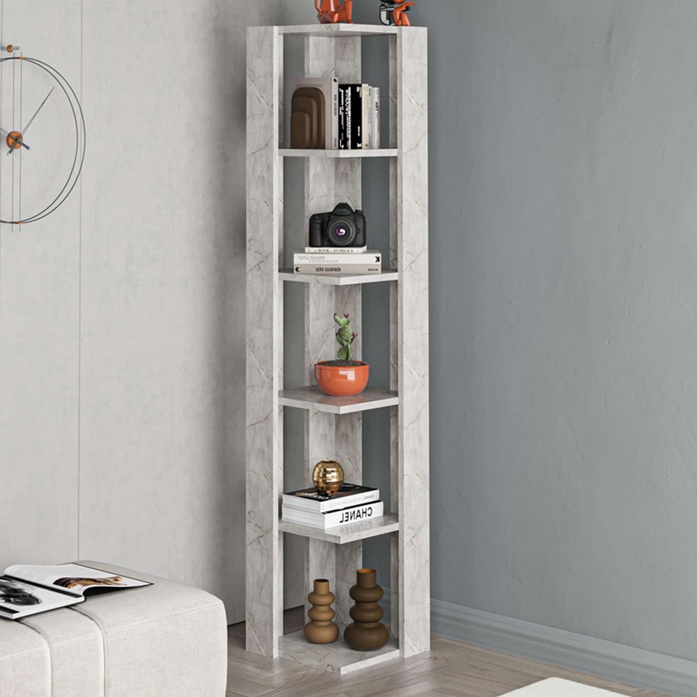 Decortie Nati Modern Corner Bookcase Display Unit - Gold Marble Effect