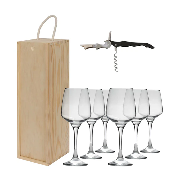 Harbour Housewares Wooden Wine Box Set With Corkscrew & Glasses - Natural - 8Pc Wooden Storage Holder Carrier Crate (Empty)