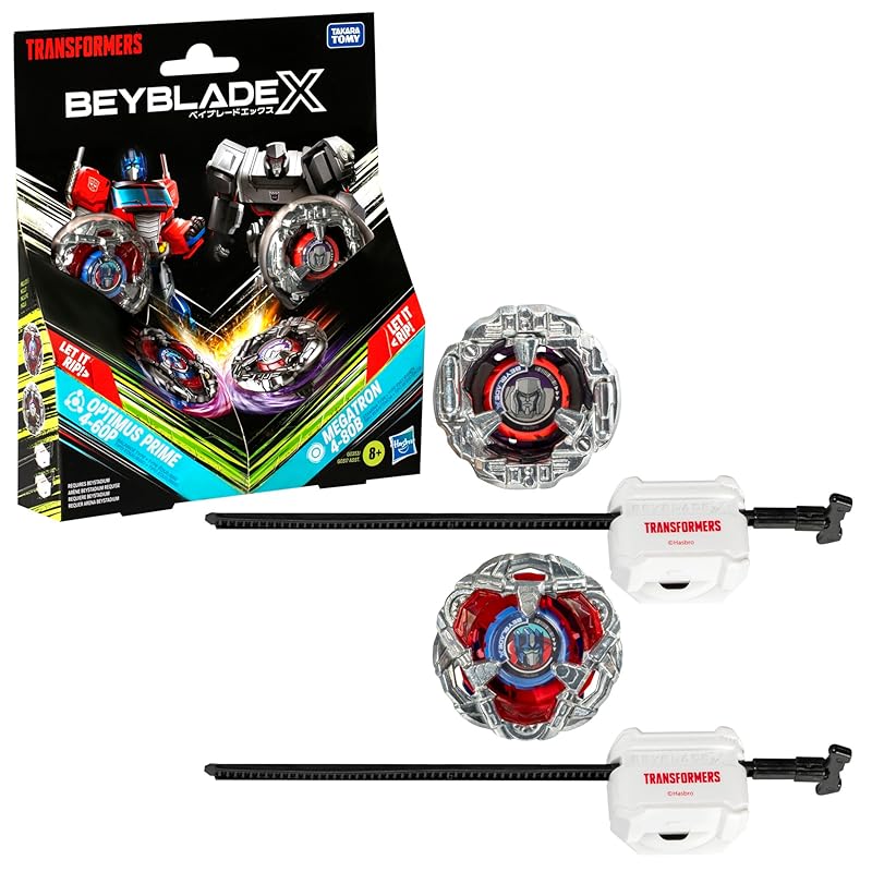 Beyblade X Transformers Collab Optimus Prime 4-60P vs. Megatron 4-80B Multipack Set with 2 Tops & 2 launchers; Battling Top Toys for 8 Year Old Boys &