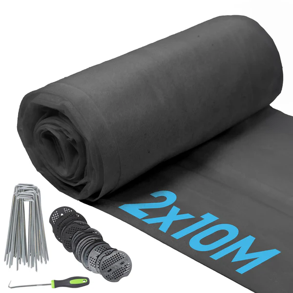 50gsm Weed Control Fabric Set with Pegs & Plates - 2M x 10M (2 Rolls)