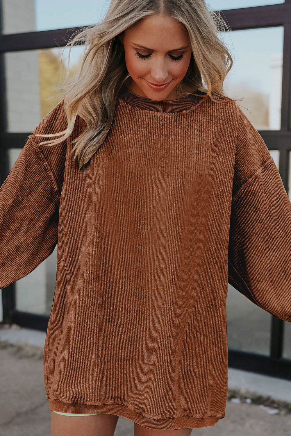 Azura Exchange Chestnut Ribbed Corduroy Oversized Sweatshirt Sweatshirts